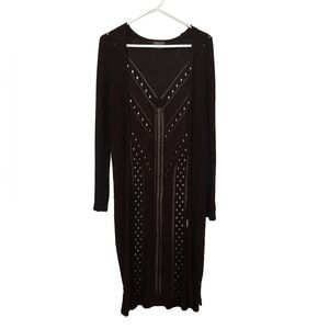 Long Black Knit Duster Cardigan XS Boho Goth Witchy Open Knit Festival Layering